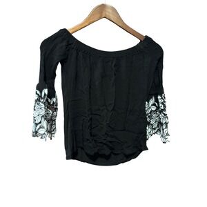 INC International Concepts xs Black Off Shoulder Floral Bell Sleeve‎ Top XS